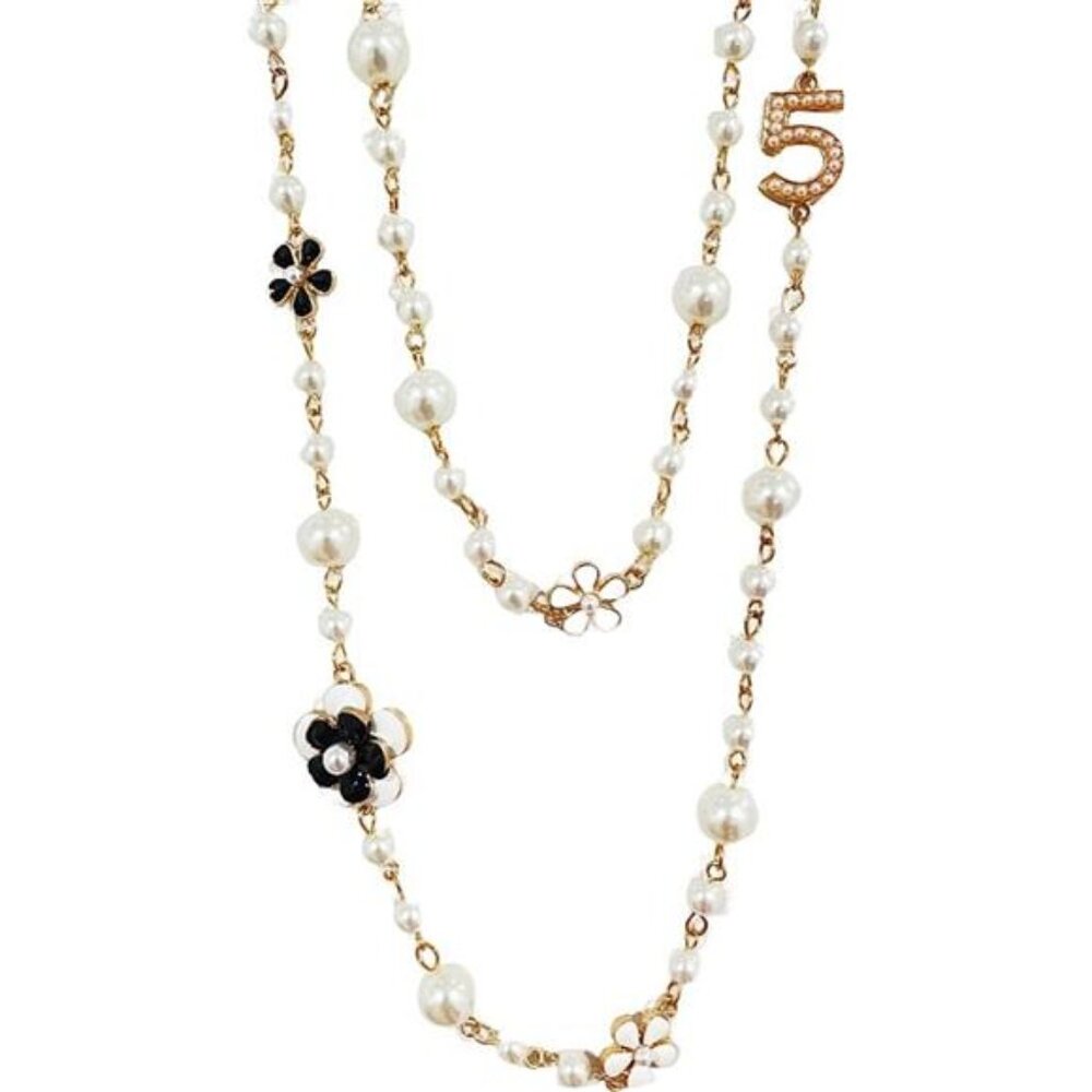 Designer Imitation Pearl Neckalce Camellia Flower Number 5 Long Layered Charm